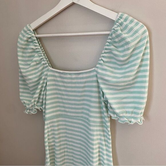 Vero Moda Dress Striped Mint Green White Ribbed Puff Sleeves Ruffle Edge Casual - Picture 6 of 10